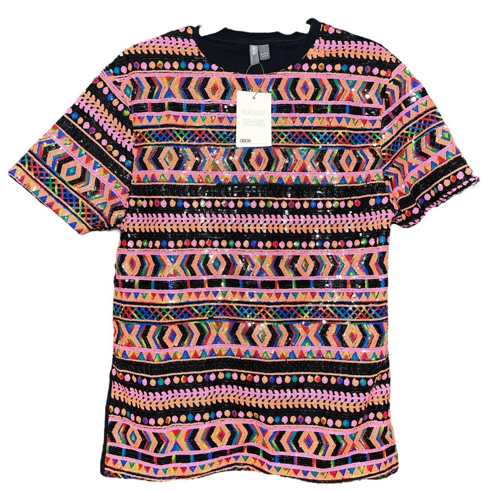 ASOS DESIGN relaxed festival tee allover sequins Aztec design - Picture 4 of 9